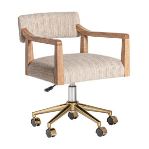 Silla escritorio nozay de estilo art deco fabricado en poliéster en color marrón combinado con madera roble y acero. Producto elevable.
