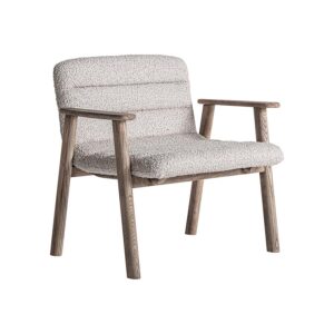 Silla Jacquard de estilo contemporáneo fabricado en madera de olmo en color marrón claro combinado con poliéster en color beige.