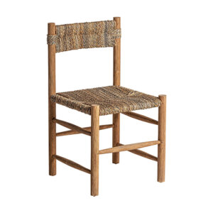 Silla manhula de estilo colonial fabricado en madera de teka en color marrón combinado con fibra natural.