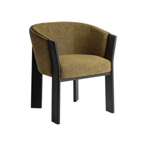 Silla nara de estilo contemporáneo fabricado en poliéster en color amarillo con acabado jaspeado combinado con madera roble en color negro.