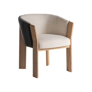 Silla nara de estilo contemporáneo fabricado en piel en color negro marrón combinado con madera roble en color marrón con acabado natural y poliéster en color beige con acabado jaspeado.