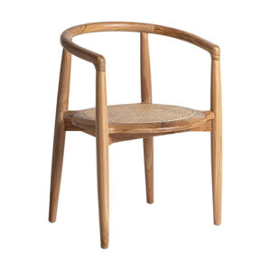Silla Tostily de estilo contemporáneo fabricado en madera de teka en color marrón claro combinado con ratán en color marrón claro.
