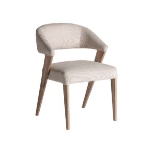 Silla Veney de estilo contemporáneo fabricado en poliéster en color beige combinado con madera roble en color marrón claro.