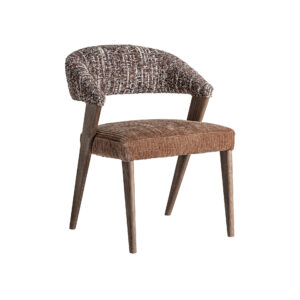 Silla Veney de estilo contemporáneo fabricado en poliéster en color marrón con acabado jaspeado combinado con madera roble en color marrón y madera de caucho.