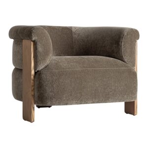 Sillón Auronzo de estilo contemporáneo fabricado en poliéster en color verde con acabado chenilla combinado con madera de pino en color marrón claro y espuma.