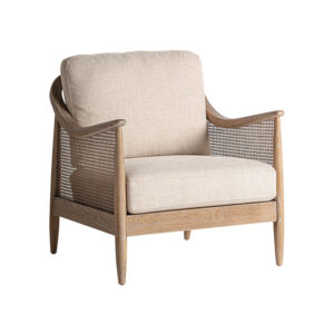 Sillón bolzano de estilo contemporáneo fabricado en madera de fresno en color marrón combinado con poliéster en color beige y espuma.