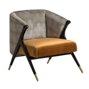 Sillón Brillon de estilo art deco fabricado en madera de pino en color negro combinado con madera de caucho en color negro y terciopelo en color ocre. Estructura: madera de caucho relleno: espumatela: 100% poliesterpatas cubiertas de acero inoxidable.