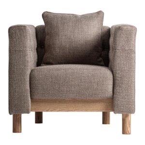 Sillón Carlton de estilo colonial fabricado en poliéster en color beige con acabado jaspeado combinado con madera de pino en color marrón claro y espuma.