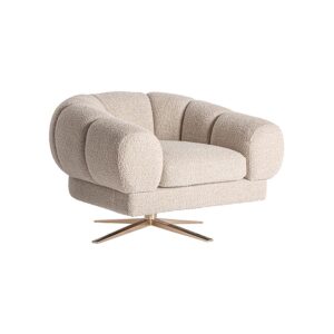 Sillón Elise de estilo art deco fabricado en poliéster en color blanco roto con acabado jaspeado combinado con acero en color cobre y espuma.