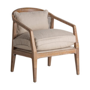 Sillón Gistel de estilo colonial fabricado en madera de fresno en color marrón combinado con lino en color beige. Producto desmontable desenfundable.