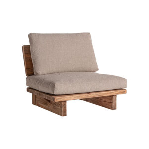 Sillón givry de estilo contemporáneo fabricado en madera de pino reciclado en color marrón combinado con poliéster y espuma. Producto desmontable.