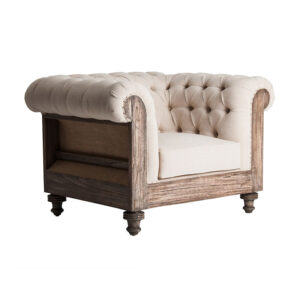 Sillón Gore de estilo vintage fabricado en madera tropical en color marrón combinado con poliéster en color beige. Producto desmontable desenfundable.
