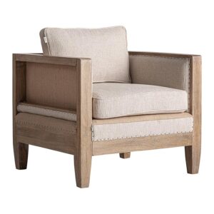 Sillón Grube de estilo clásico fabricado en madera abedul en color marrón combinado con lino en color beige y yute. Producto desenfundable.