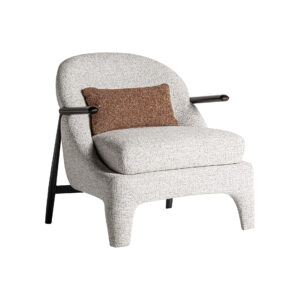 Sillón herzele de estilo contemporáneo fabricado en madera de pino en color marrón combinado con poliéster en color gris con acabado jaspeado y metal en color negro.