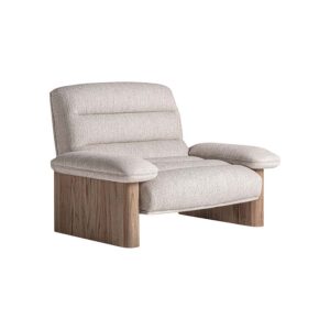 Sillón Jacquard de estilo contemporáneo fabricado en madera de olmo en color marrón combinado con poliéster en color beige.