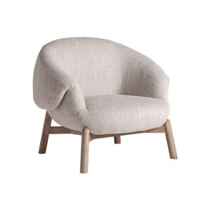 Sillón Jacquard de estilo contemporáneo fabricado en madera de olmo en color marrón claro combinado con poliéster en color beige.