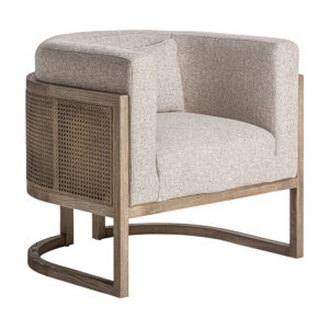 Sillón leiwen de estilo art deco fabricado en madera de fresno en color marrón combinado con poliéster en color beige. Producto desenfundable.