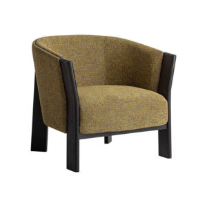 Sillón nara de estilo contemporáneo fabricado en poliéster en color camel con acabado jaspeado combinado con madera roble en color negro.