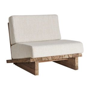 Sillón pure de estilo colonial fabricado en madera de teka reciclada en color marrón combinado con polipropileno reciclado en color blanco. Producto desmontable desenfundable.