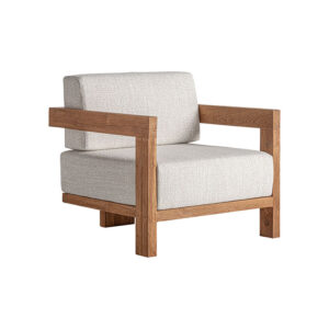 Sillón testa de estilo colonial fabricado en madera de teka reciclada en color marrón combinado con polipropileno reciclado en color beige y espuma. Producto desmontable desenfundable.