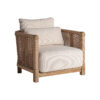 Sillón trena de estilo boho fabricado en madera de teka reciclada en color marrón con acabado natural combinado con polipropileno reciclado en color beige y espuma. Producto desmontable desenfundable.