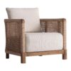 Sillón trena de estilo boho fabricado en madera de teka reciclada en color marrón combinado con polipropileno reciclado en color blanco. Producto desmontable.