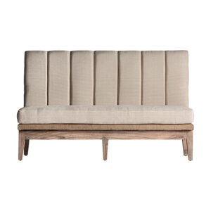Sofá Bar retz de estilo provenzal fabricado en madera de teka en color blanco roto combinado con lino. Producto desenfundable.