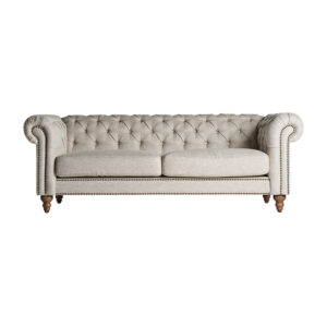 Sofá Blamont de estilo colonial fabricado en madera de abeto en color marrón combinado con lino en color gris. Producto desmontable.