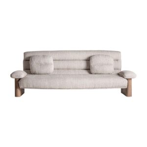 Sofá Jacquard de estilo contemporáneo fabricado en madera de olmo en color marrón combinado con poliéster en color beige. Producto desenfundable.