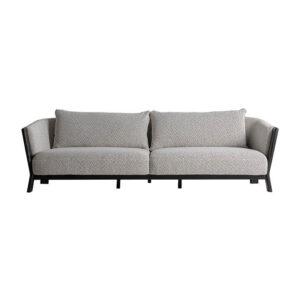 Sofá nara de estilo contemporáneo fabricado en poliéster en color blanco negro con acabado jaspeado combinado con madera roble en color negro. Producto desenfundable.