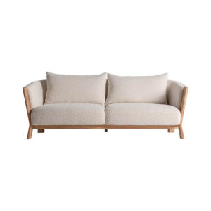 Sofá nara de estilo contemporáneo fabricado en poliéster en color marrón beige combinado con madera roble en color beige. Producto desenfundable.