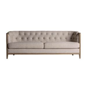 Sofá Silz de estilo colonial fabricado en madera de fresno en color marrón combinado con poliéster en color beige. Producto desenfundable.