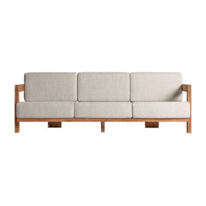Sofá testa de estilo colonial fabricado en madera de teka reciclada en color marrón combinado con polipropileno reciclado y espuma. Producto desmontable desenfundable.