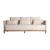 Sofá trena de estilo boho fabricado en madera de teka reciclada en color marrón con acabado natural combinado con polipropileno reciclado en color beige y espuma. Producto desmontable desenfundable.