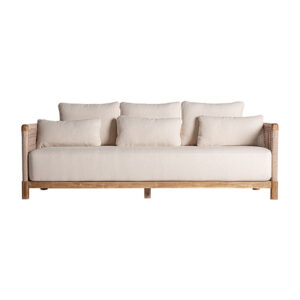 Sofá trena de estilo boho fabricado en madera de teka reciclada en color marrón con acabado natural combinado con polipropileno reciclado en color beige y espuma. Producto desmontable desenfundable.