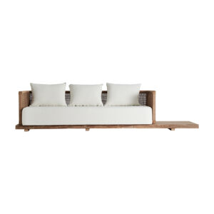 Sofá trena de estilo boho fabricado en madera de teka reciclada en color marrón combinado con polipropileno reciclado en color beige. Producto desmontable desenfundable.