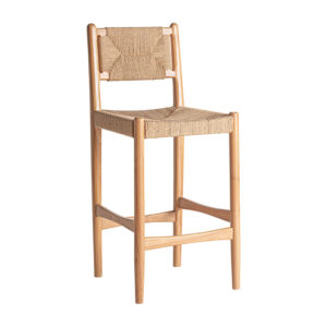 Taburete Agia de estilo contemporáneo fabricado en madera de teka en color marrón combinado con cáñamo en color marrón claro.