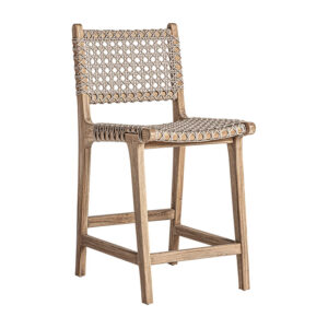 Taburete Beardon de estilo colonial fabricado en madera de teka en color marrón combinado con cuerda sintética en color beige.