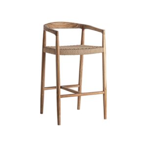 Taburete caen de estilo colonial fabricado en madera de teka en color marrón combinado con fibra natural en color marrón claro.