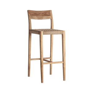 Taburete caen de estilo colonial fabricado en madera de teka en color marrón combinado con fibra natural en color marrón claro.