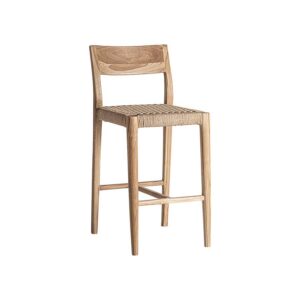 Taburete Caen de estilo colonial fabricado en madera de teka en color marrón combinado con fibra natural en color marrón claro.