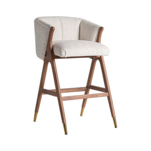 Taburete douze de estilo contemporáneo fabricado en madera de caucho en color marrón combinado con acero inoxidable en color oro y poliéster en color beige.