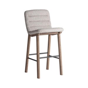 Taburete Jacquard de estilo contemporáneo fabricado en madera de olmo en color marrón claro combinado con poliéster en color beige.