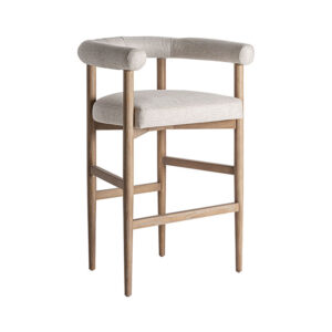 Taburete Lazins de estilo contemporáneo fabricado en madera de fresno en color marrón combinado con poliéster en color beige y espuma.