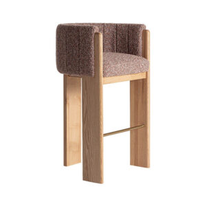 Taburete sernier de estilo contemporáneo fabricado en poliéster en color tonos en marrón combinado con madera roble en color marrón y hierro en color oro.