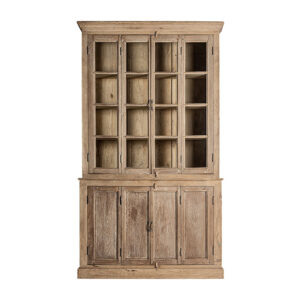Vitrina Huntly de estilo colonial fabricado en madera de teka en color marrón claro con acabado natural combinado con cristal. Producto desmontable.